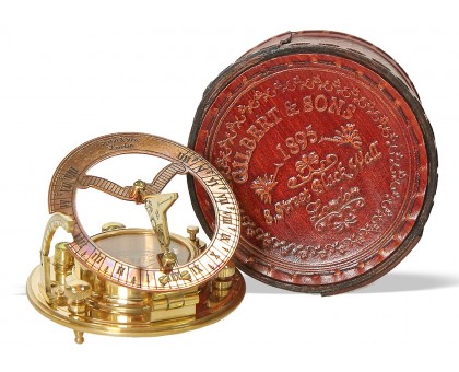 Компас с солнечными часами Gilbert & Sons 1895 в круглом кожаном футляре D 9 см
